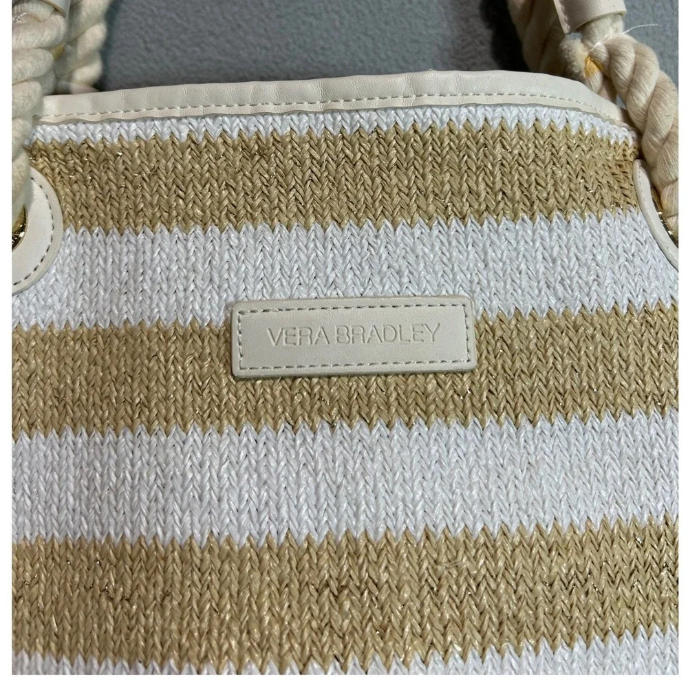 Vera Bradley Tote Bag Tan White Striped Woven Straw Rope Handle Coastal Boho